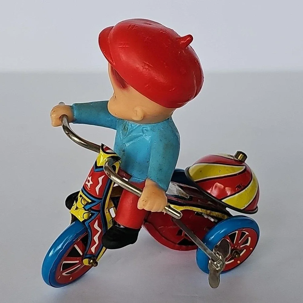 Vintage Tin Wind Up Toy Boy Riding Tricycle Late 50s Collectible‎ - Works - 1750